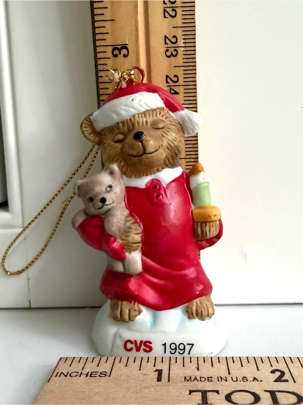 Vintage 1997 CVS Teddy Bear Ceramic Christmas Ornament holding baby and Candle